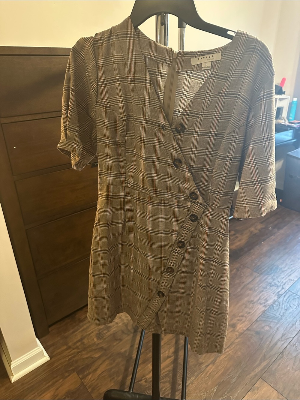FAVLUX Brown Plaid Asymmetric Button Mini Dress